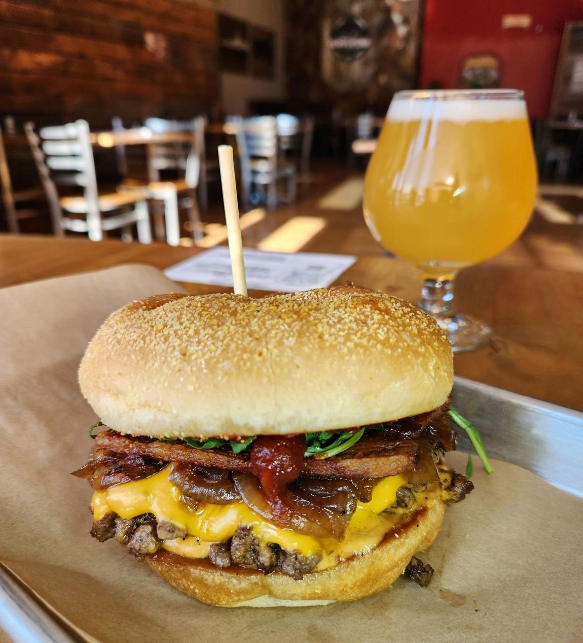 KC BBQ Crunch Burger patent pending burger patty invented by Restaurant in Kansas City Brewers Kitchen & Corner